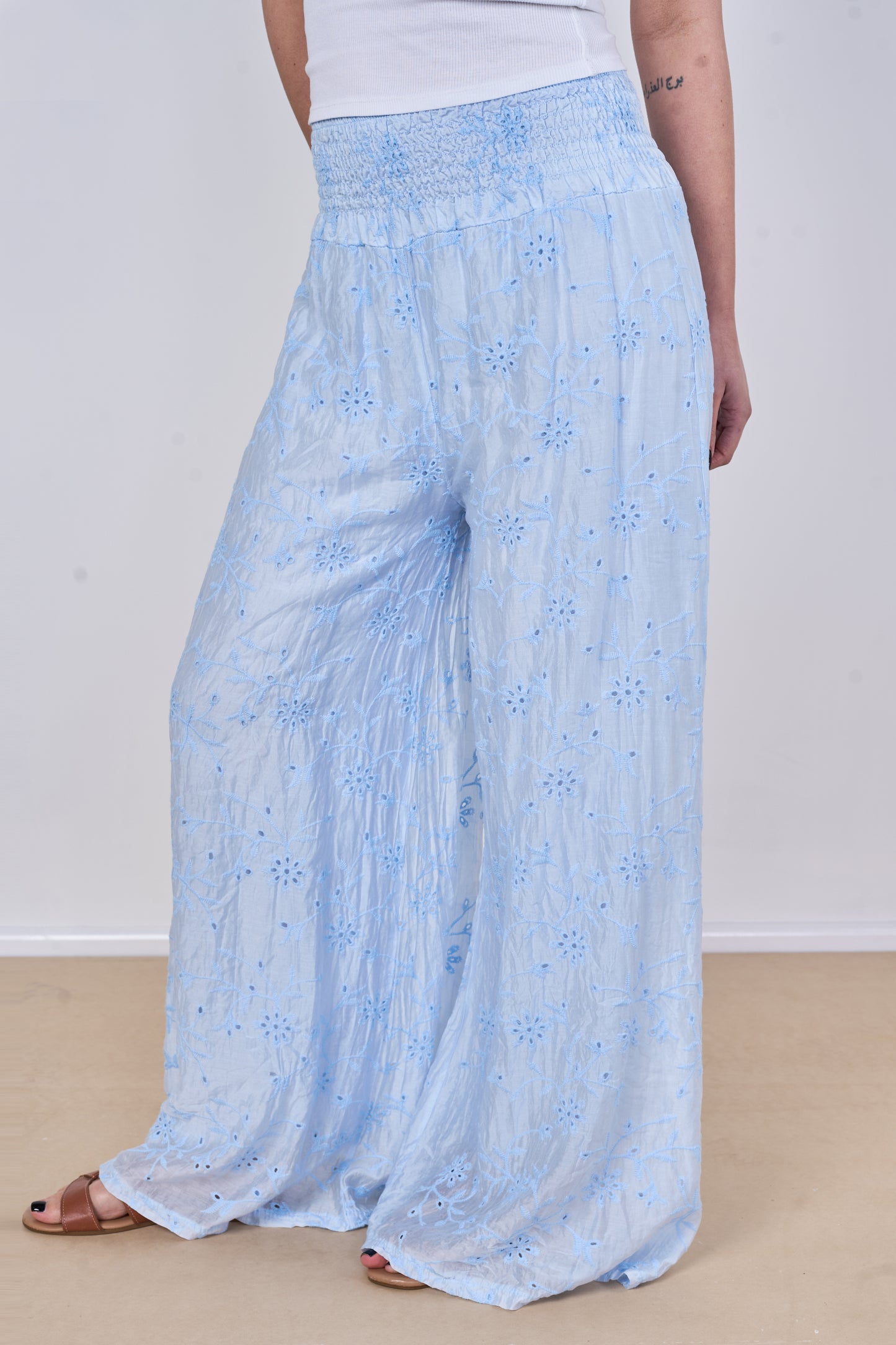 EMBROIDERED TENCEL COTTON BLEND HIGH WAIST WIDE LEG TROUSER