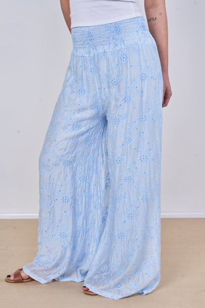 EMBROIDERED TENCEL COTTON BLEND HIGH WAIST WIDE LEG TROUSER