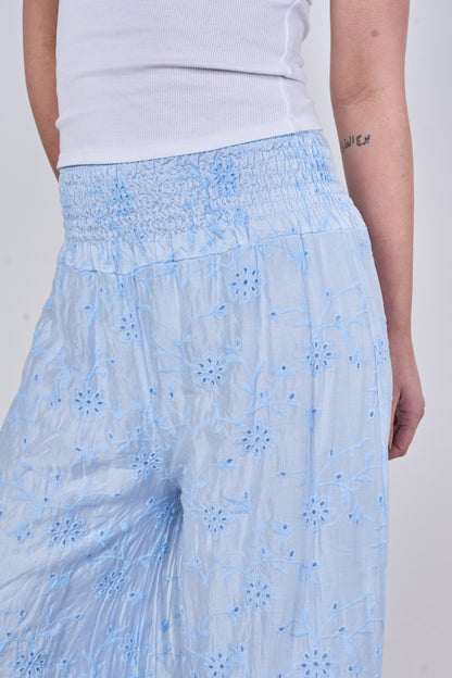 EMBROIDERED TENCEL COTTON BLEND HIGH WAIST WIDE LEG TROUSER