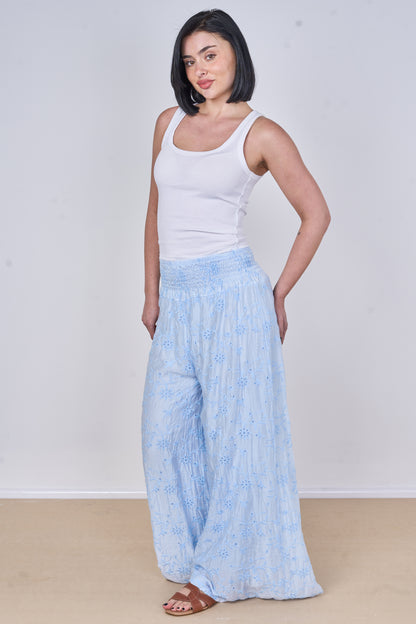 EMBROIDERED TENCEL COTTON BLEND HIGH WAIST WIDE LEG TROUSER