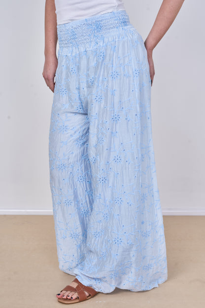 EMBROIDERED TENCEL COTTON BLEND HIGH WAIST WIDE LEG TROUSER