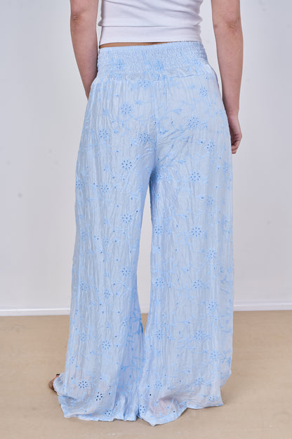EMBROIDERED TENCEL COTTON BLEND HIGH WAIST WIDE LEG TROUSER