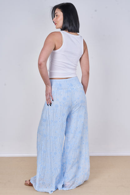 EMBROIDERED TENCEL COTTON BLEND HIGH WAIST WIDE LEG TROUSER