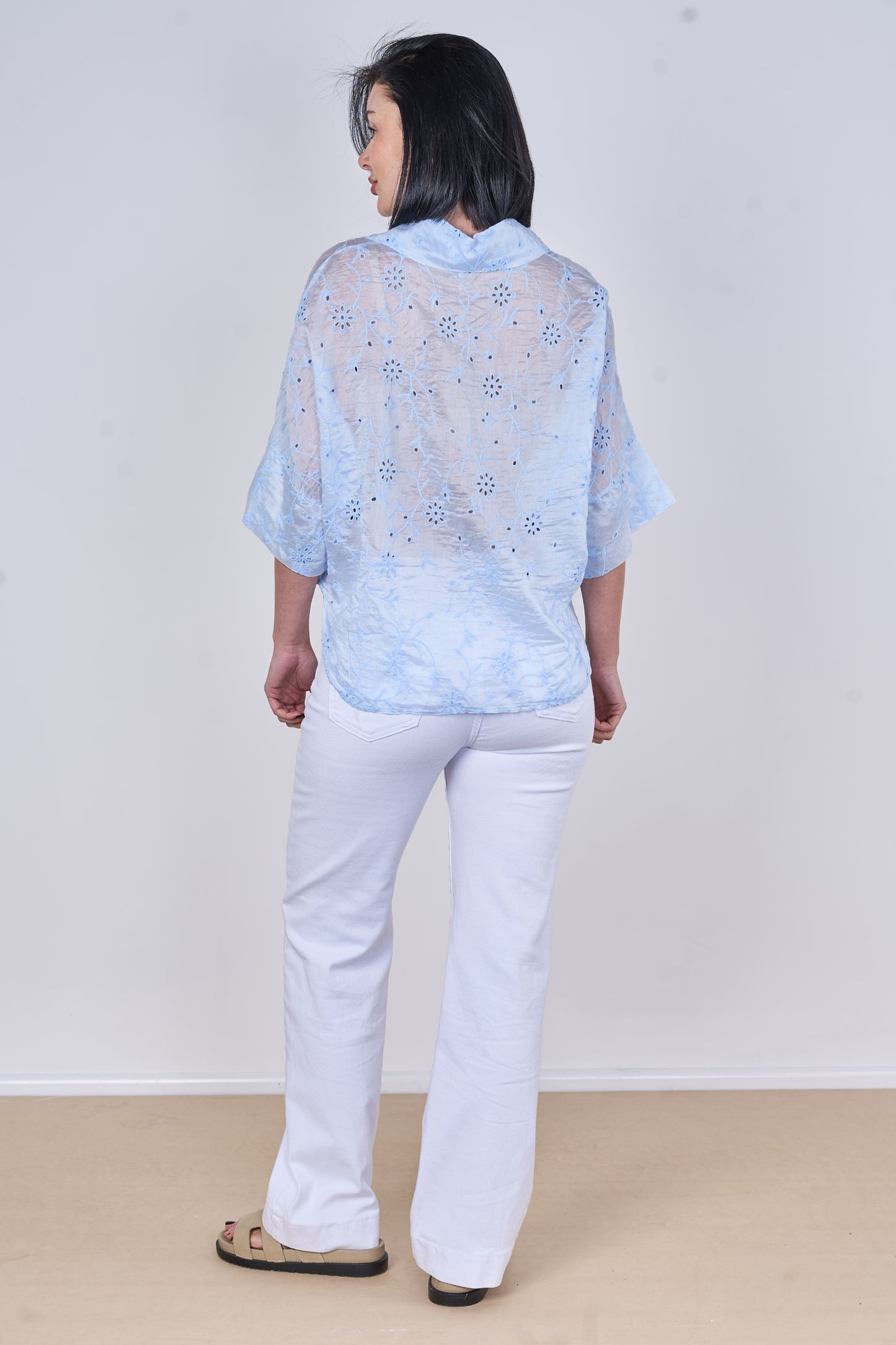 EMBROIDERED TENCEL COTTON BLEND HALF SLEEVE SHIRT