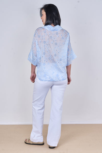 EMBROIDERED TENCEL COTTON BLEND HALF SLEEVE SHIRT