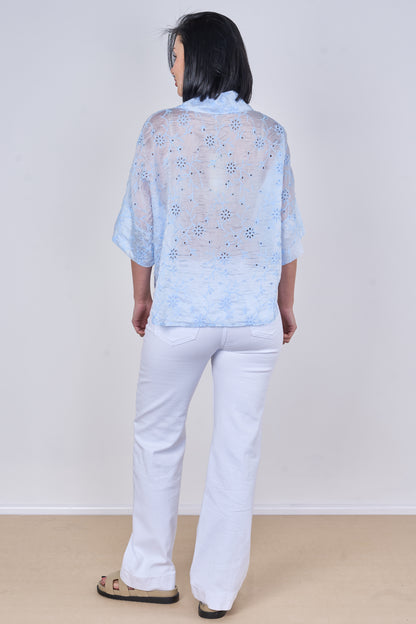 EMBROIDERED TENCEL COTTON BLEND HALF SLEEVE SHIRT