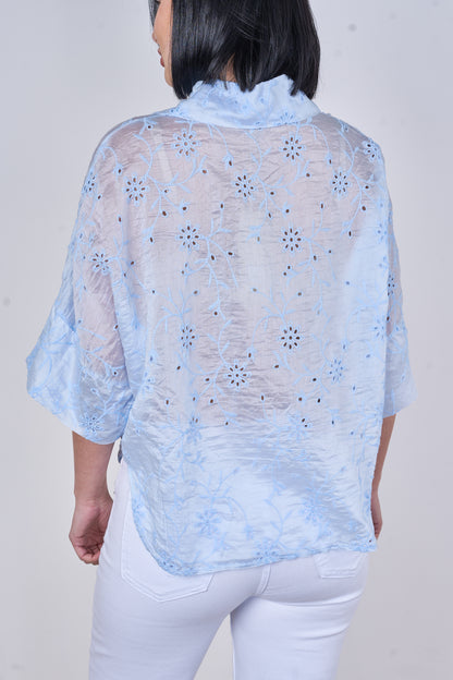 EMBROIDERED TENCEL COTTON BLEND HALF SLEEVE SHIRT