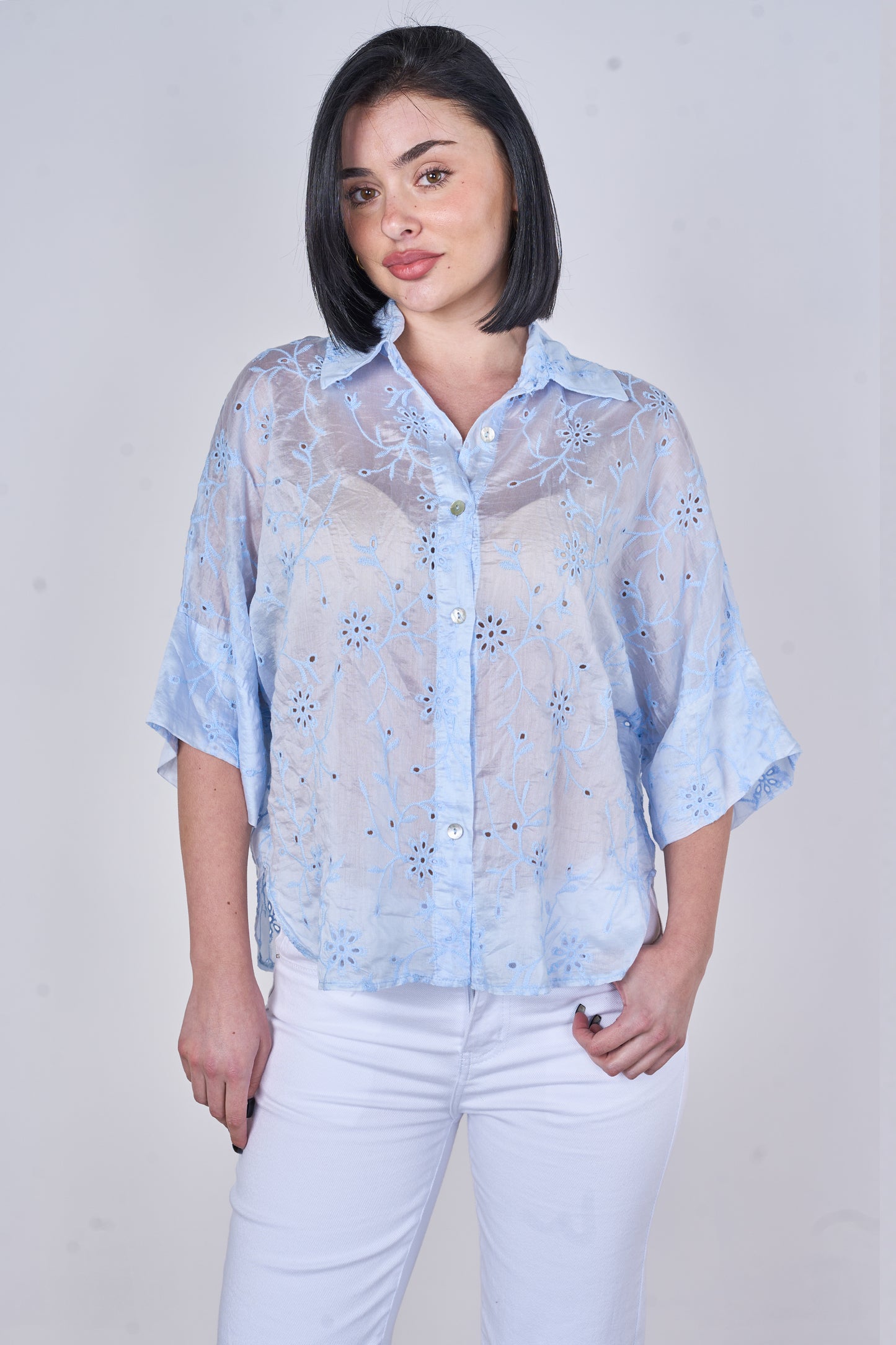 EMBROIDERED TENCEL COTTON BLEND HALF SLEEVE SHIRT