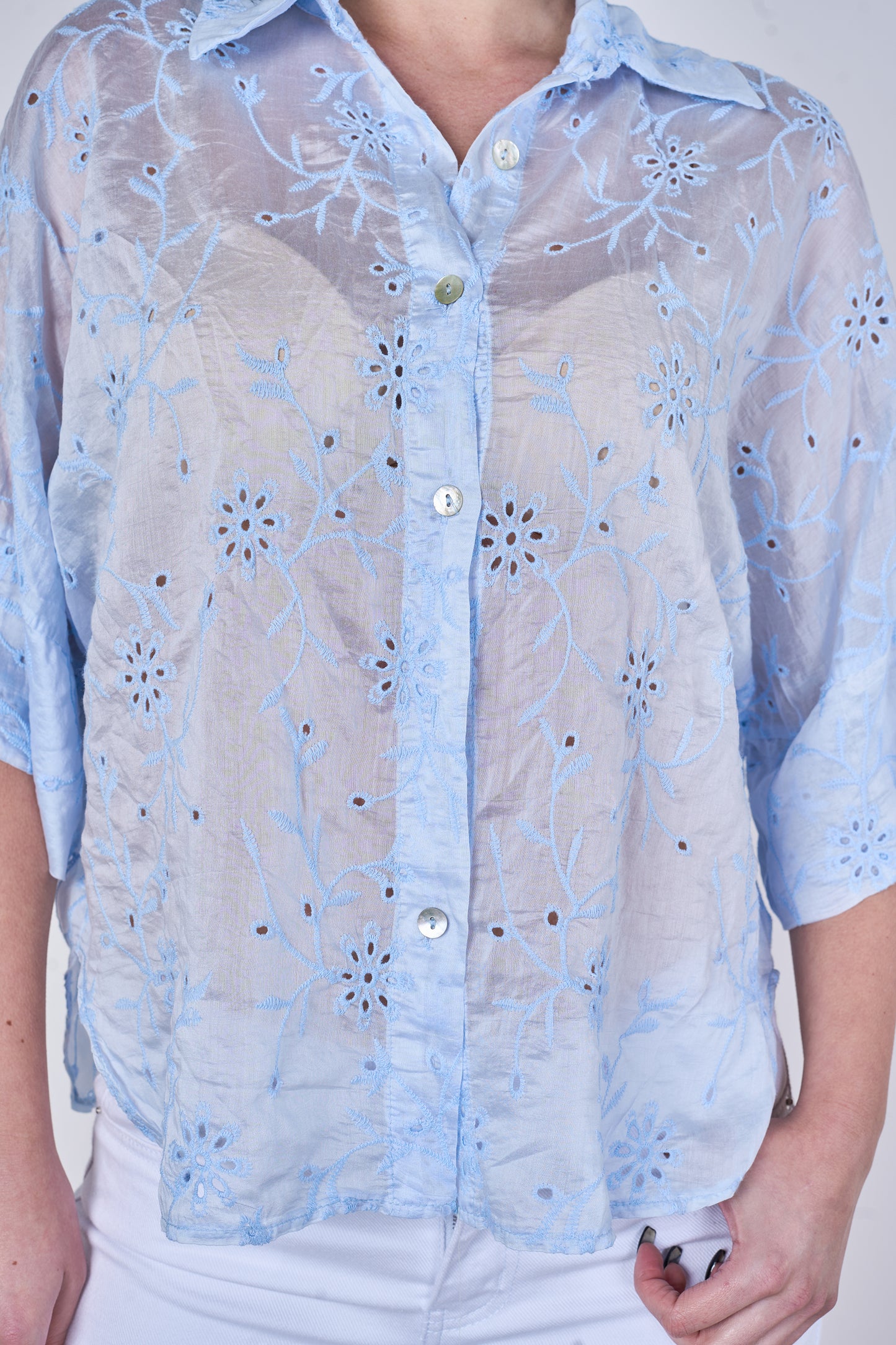 EMBROIDERED TENCEL COTTON BLEND HALF SLEEVE SHIRT