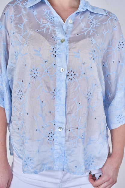 EMBROIDERED TENCEL COTTON BLEND HALF SLEEVE SHIRT