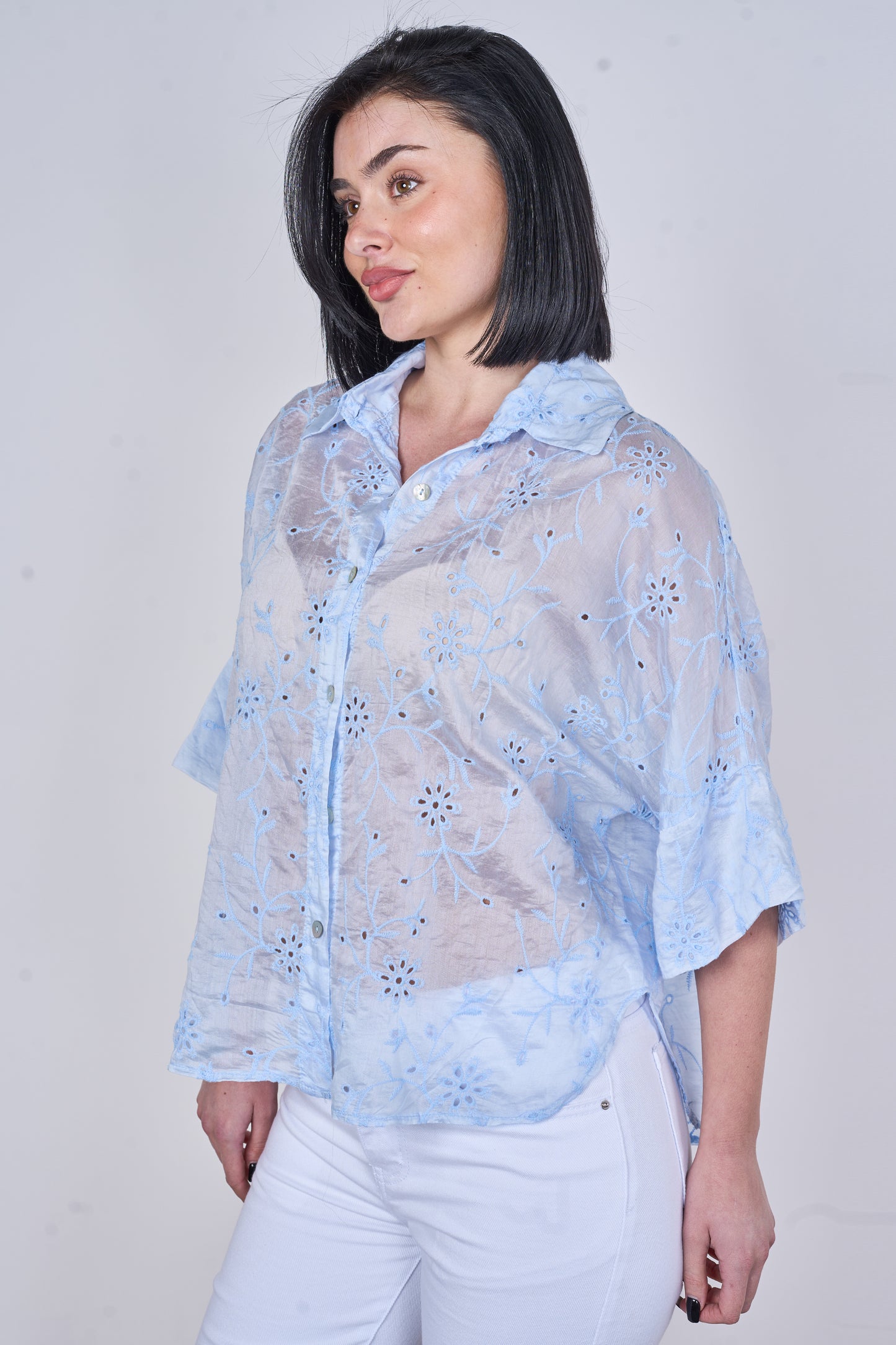 EMBROIDERED TENCEL COTTON BLEND HALF SLEEVE SHIRT