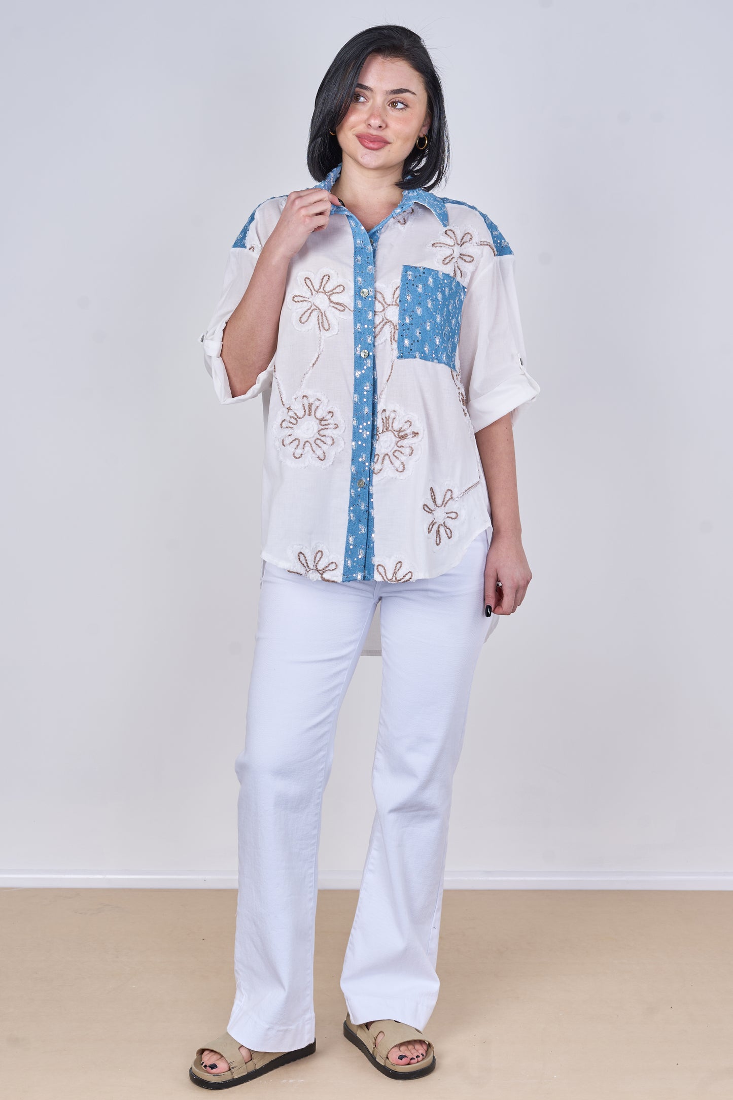 EMBOSSED DAISY SEQUINNED ONE POCKET DENIM COTTON SHIRT