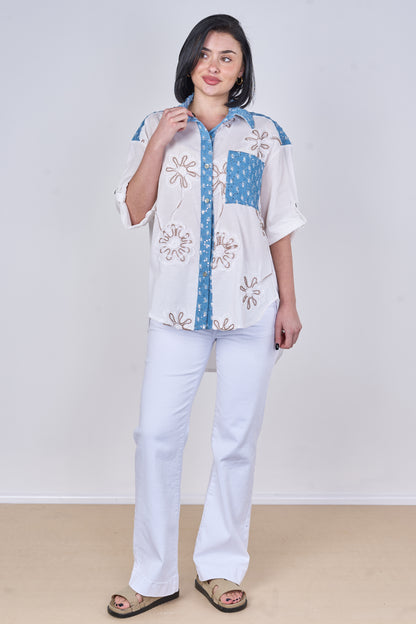 EMBOSSED DAISY SEQUINNED ONE POCKET DENIM COTTON SHIRT