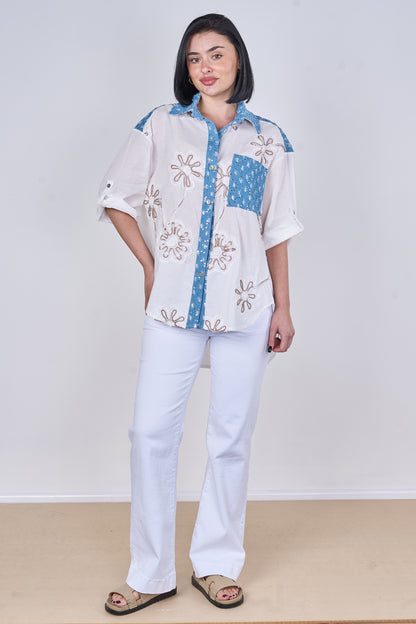 EMBOSSED DAISY SEQUINNED ONE POCKET DENIM COTTON SHIRT