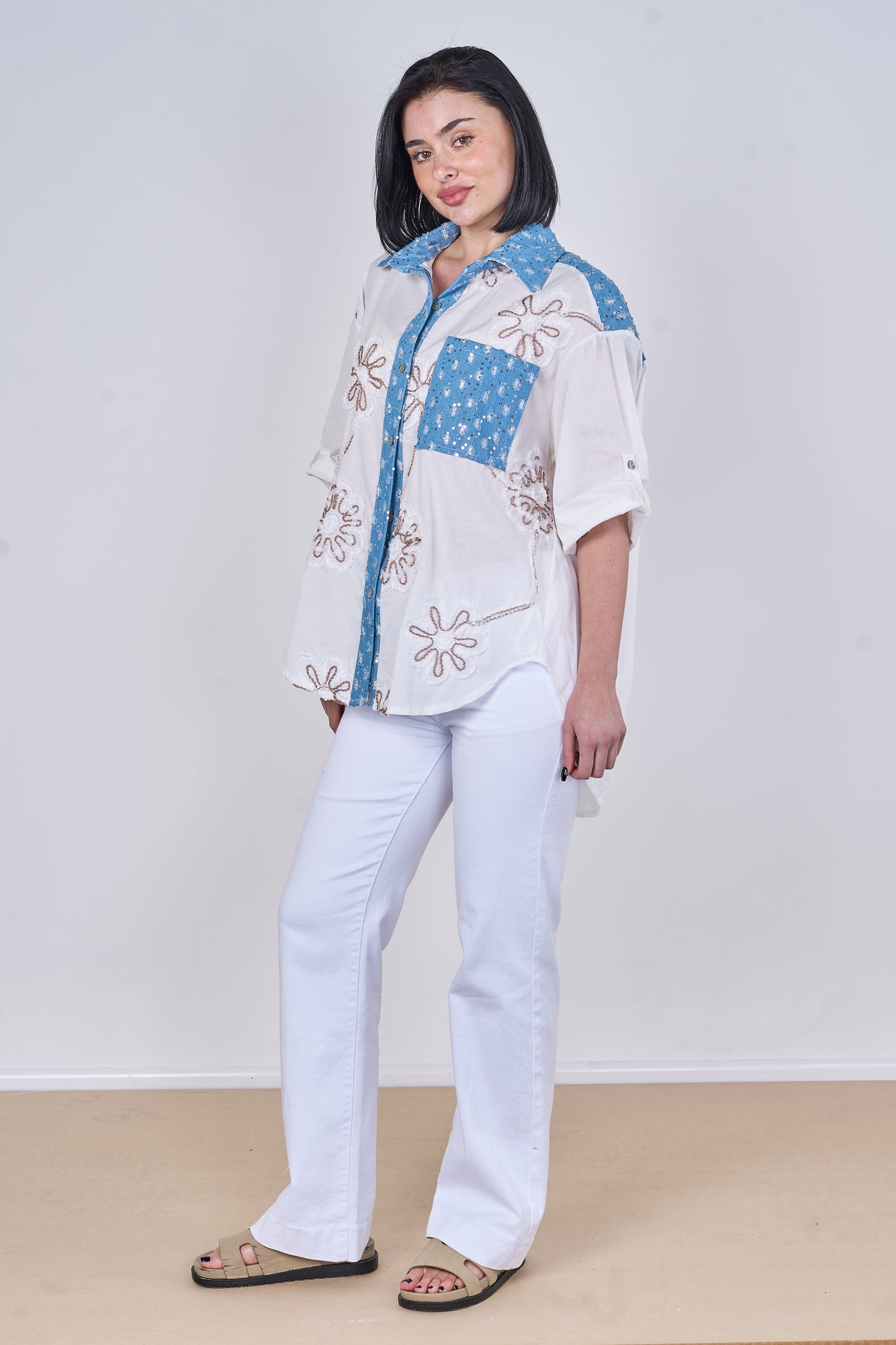 EMBOSSED DAISY SEQUINNED ONE POCKET DENIM COTTON SHIRT