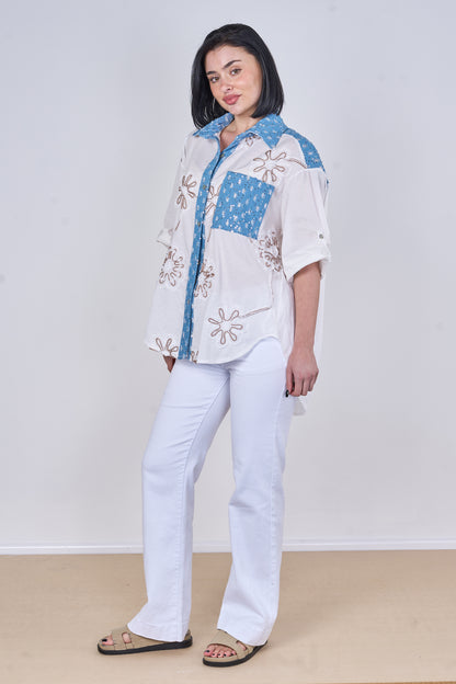 EMBOSSED DAISY SEQUINNED ONE POCKET DENIM COTTON SHIRT