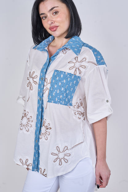 EMBOSSED DAISY SEQUINNED ONE POCKET DENIM COTTON SHIRT