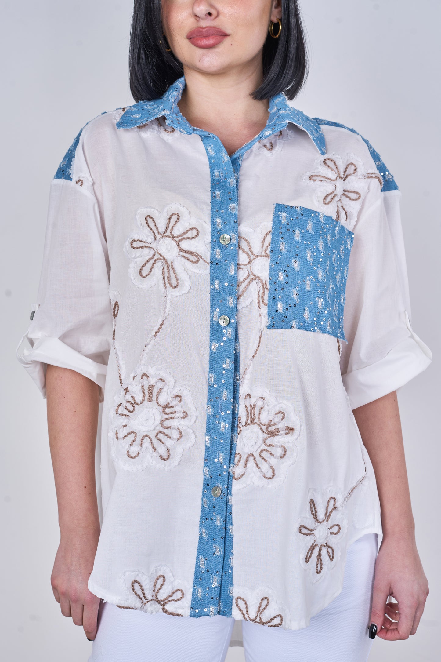 EMBOSSED DAISY SEQUINNED ONE POCKET DENIM COTTON SHIRT