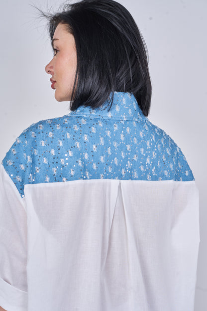 EMBOSSED DAISY SEQUINNED ONE POCKET DENIM COTTON SHIRT