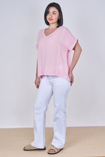 WASHED LINEN V-NECK PLAIN TOP