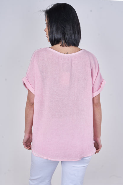 WASHED LINEN V-NECK PLAIN TOP