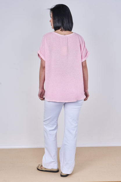 WASHED LINEN V-NECK PLAIN TOP