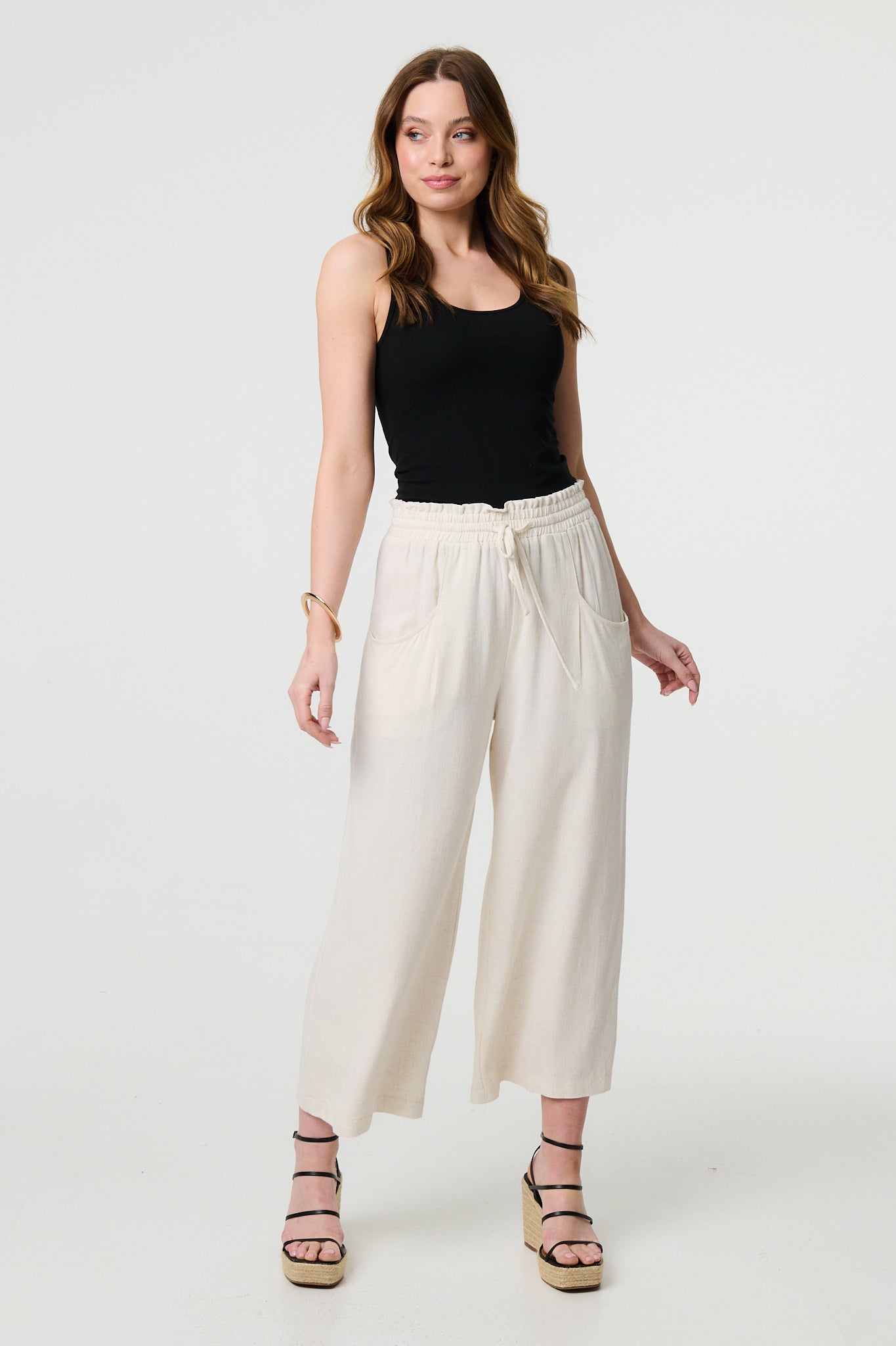 Elasticated High Waist Wide Leg Trousers in BEIGE [PK-8]