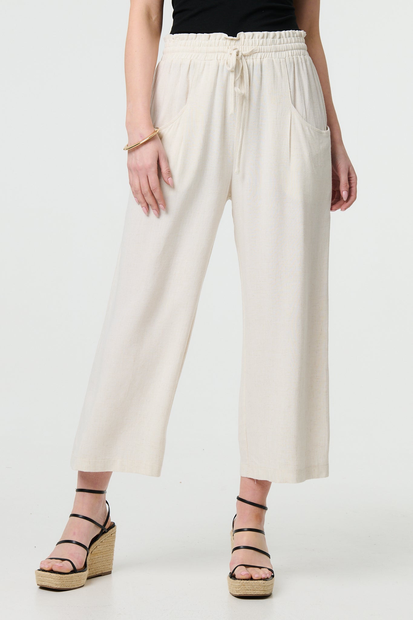 Elasticated High Waist Wide Leg Trousers in BEIGE [PK-8]