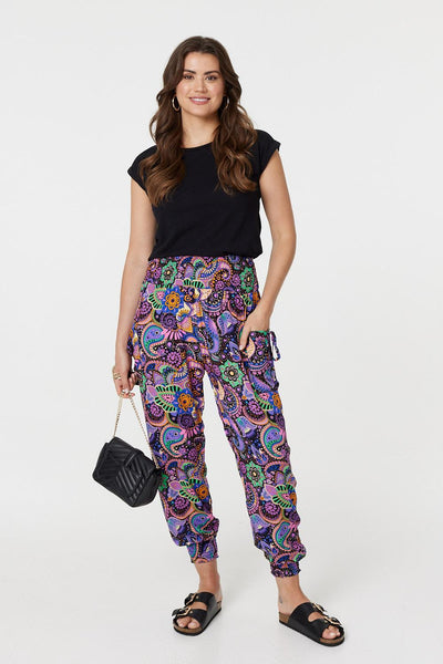 Paisley Shirred High Waist Harem Pants in BLACK [PK-8]