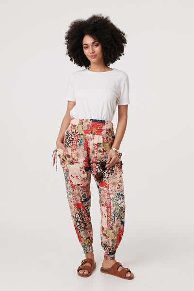 Patchwork Print High Waist Harem Pants in MULTI BEIGE [PK-8]