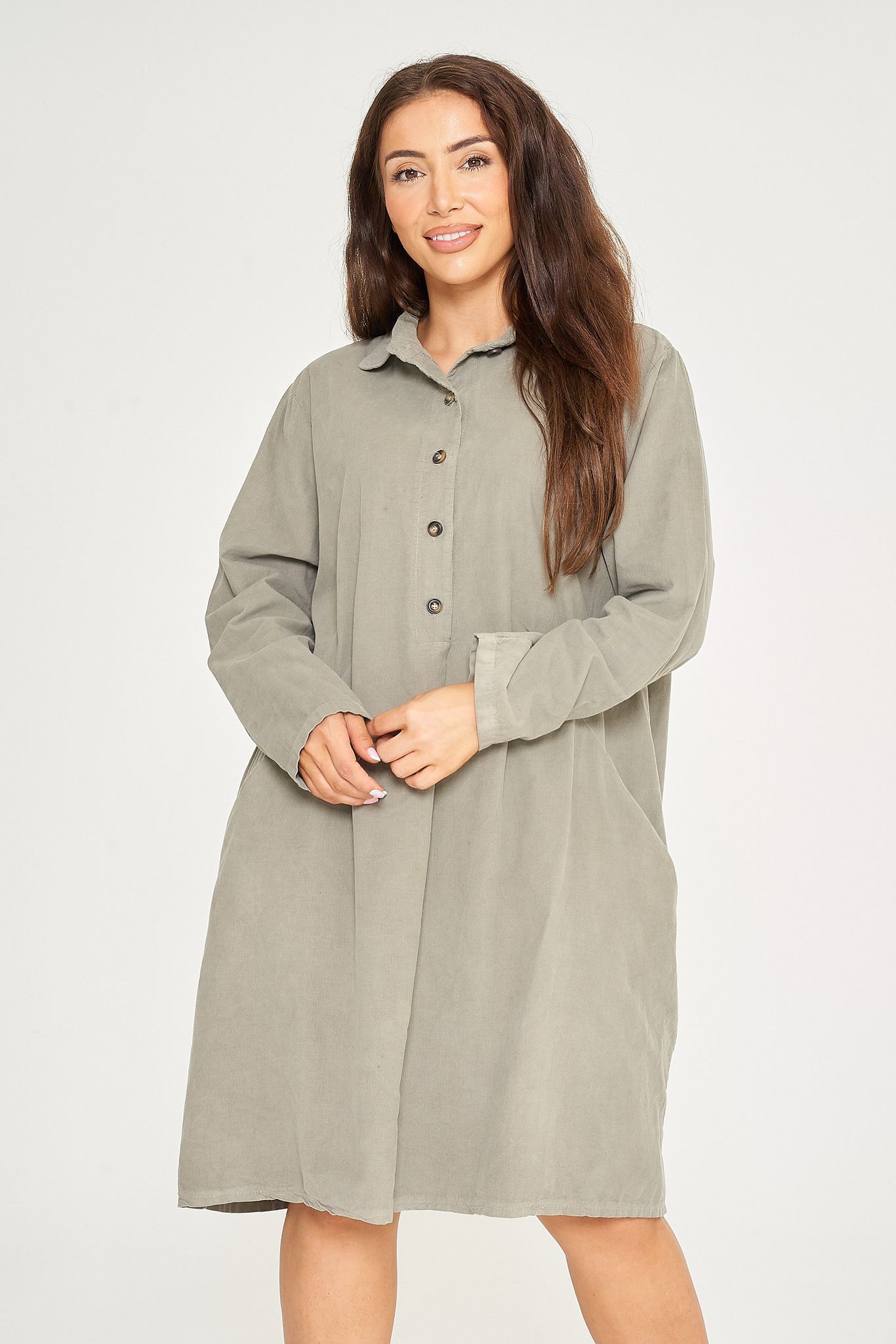 FINE NEEDLECORD TWO POCKET BUTTON-UP DRESS