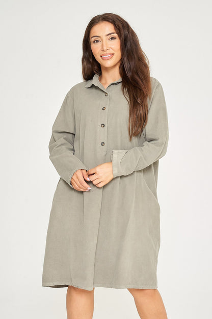 FINE NEEDLECORD TWO POCKET BUTTON-UP DRESS