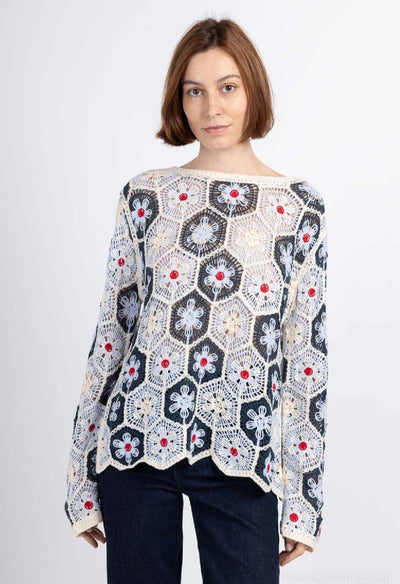 FLORAL PATTERN CROCHET LONG SLEEVE TOP