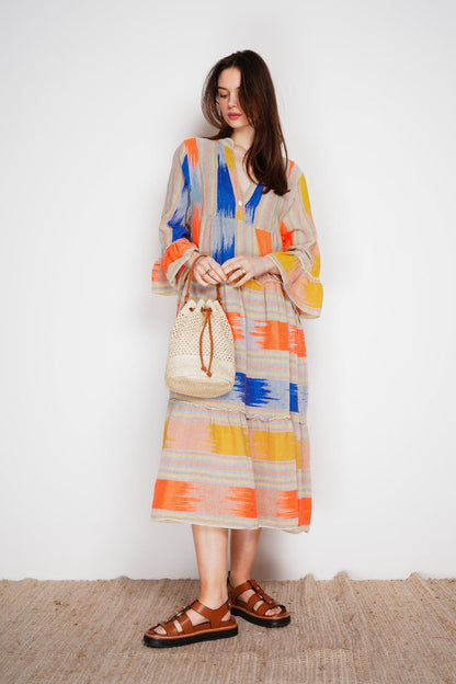 AZTEC PRINT BELL SLEEVE TIERED MAXI DRESS