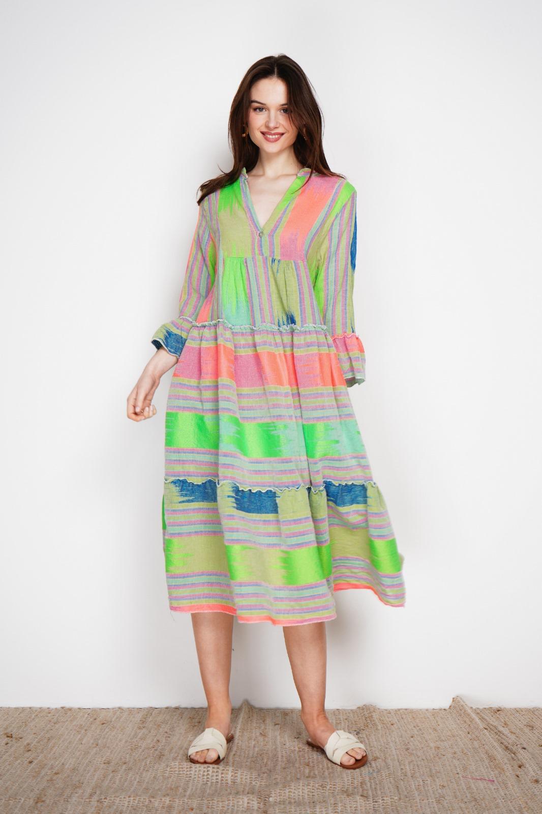 AZTEC PRINT BELL SLEEVE TIERED MAXI DRESS