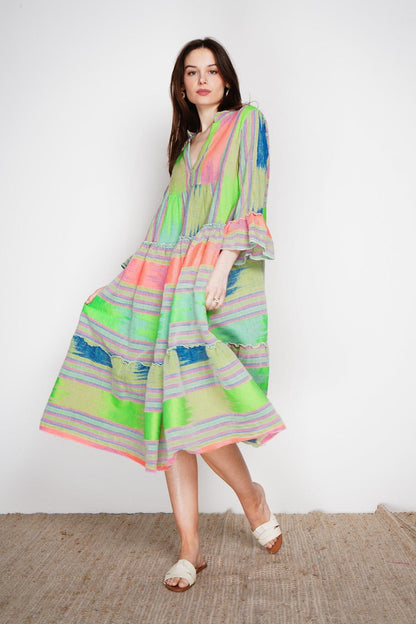 AZTEC PRINT BELL SLEEVE TIERED MAXI DRESS