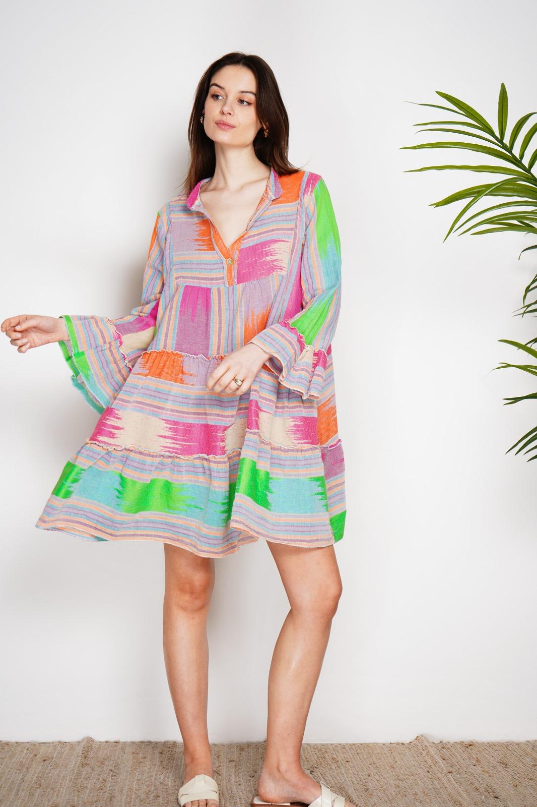 AZTEC PRINT BELL SLEEVE TUNIC DRESS