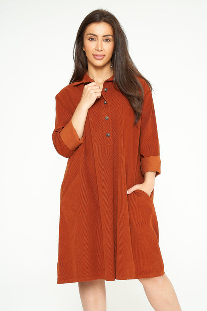FINE NEEDLECORD TWO POCKET BUTTON-UP DRESS