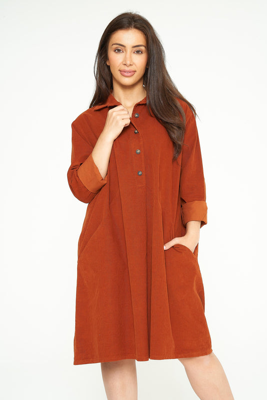 Fine Needlecord Two Pocket Button-Up Dress