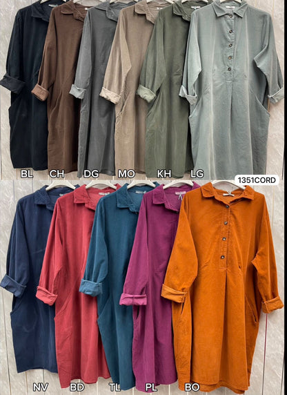 FINE NEEDLECORD TWO POCKET BUTTON-UP DRESS