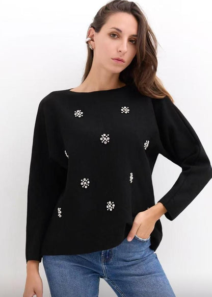 DIAMOND EMBELLISHED FLOWER DETAILS FOLDED SLEEVE JUMPER