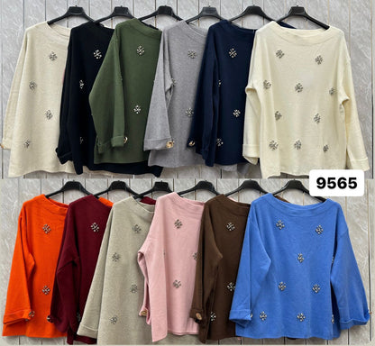 DIAMOND EMBELLISHED FLOWER DETAILS FOLDED SLEEVE JUMPER