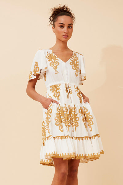 PRINTED ANGEL SLEEVE SHORT DRESS IN BEIGE [PK-8]