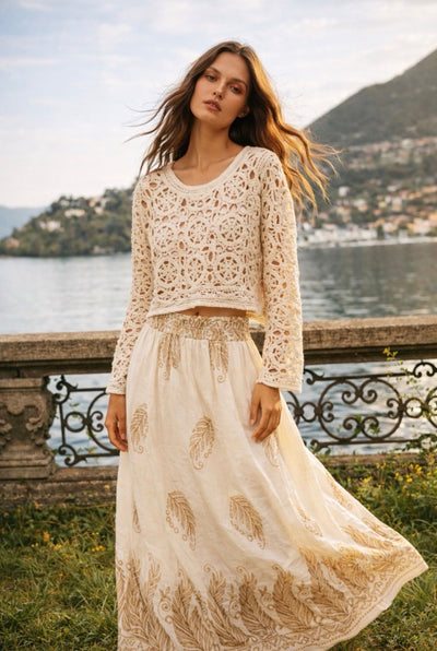 GOLD EMBROIDERED LEAF GEOMETRIC PRINT SKIRT