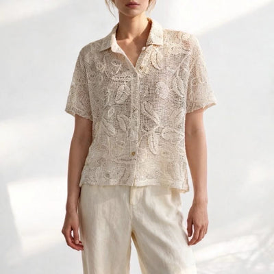 SEQUINNED FLORAL DETAILS MESH SHIRT
