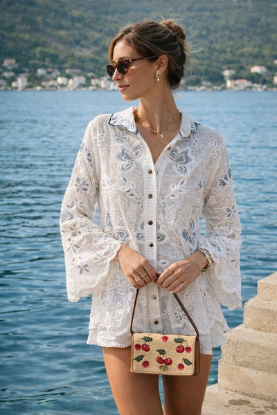 DIAMOND SEQUIN DETAILS BELL SLEEVE MESH SHIRT