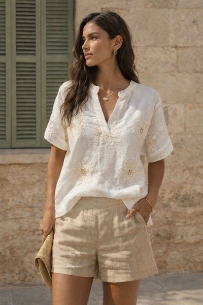 EMBOSSED FLORAL V-NECK MESH TOP