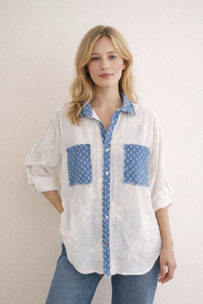 EMBOSSED FLORAL DENIM DIAMOND BUTTON COTTON SHIRT