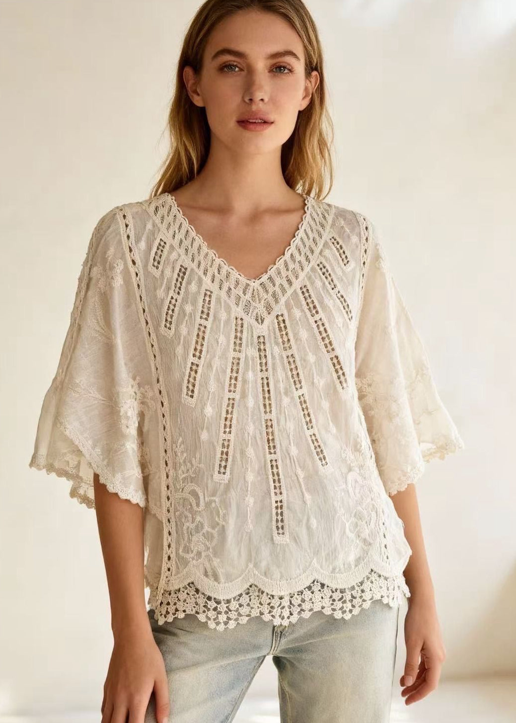 COTTON V-NECK BATWING TOP