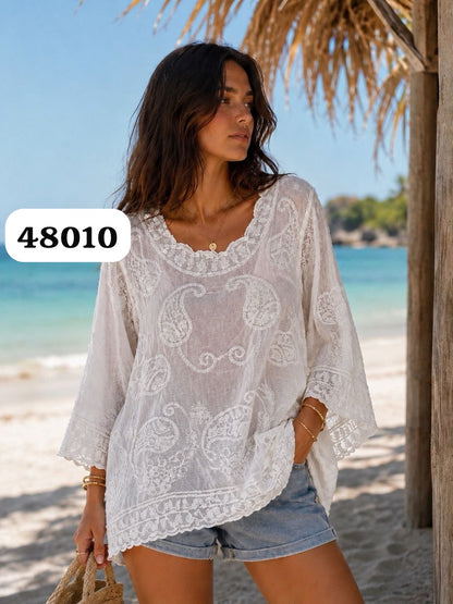 COTTON R-NECK EMBROIDERED TOP